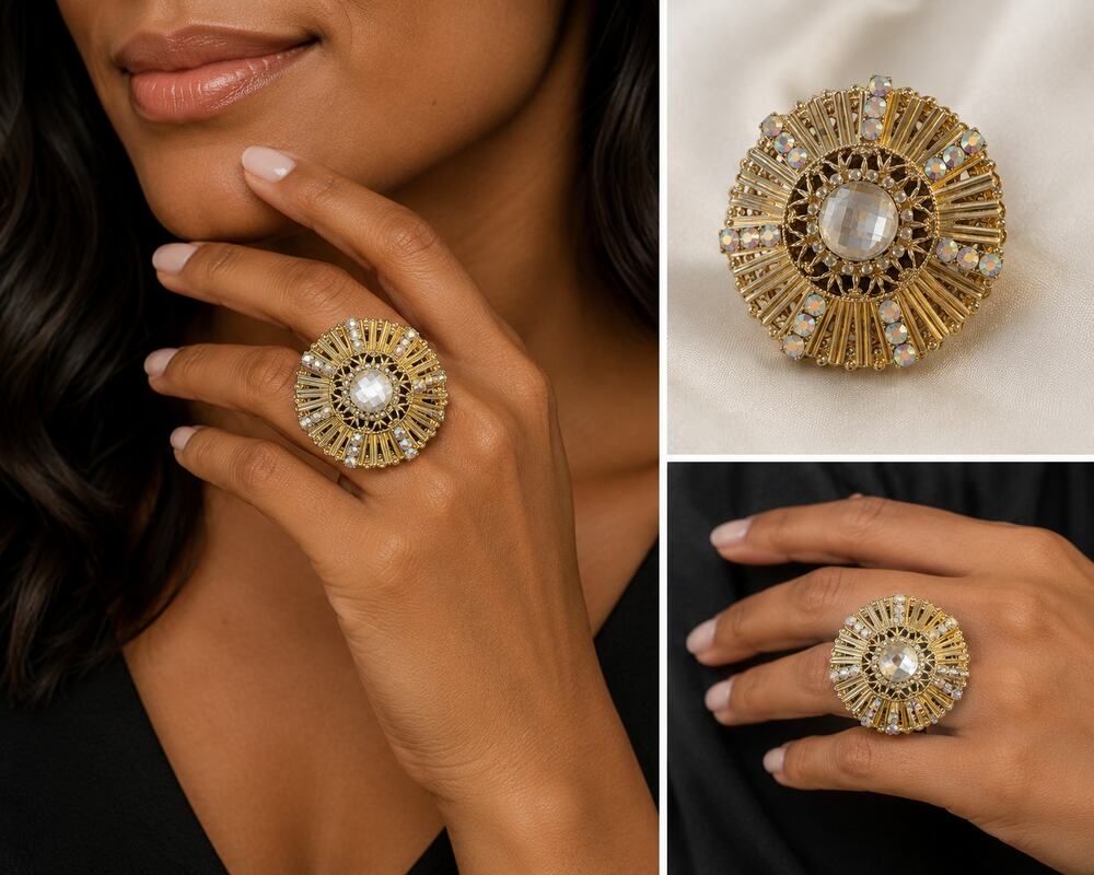 Vintage Gold Rhinestone Statement Cocktail Ring Oversized Round